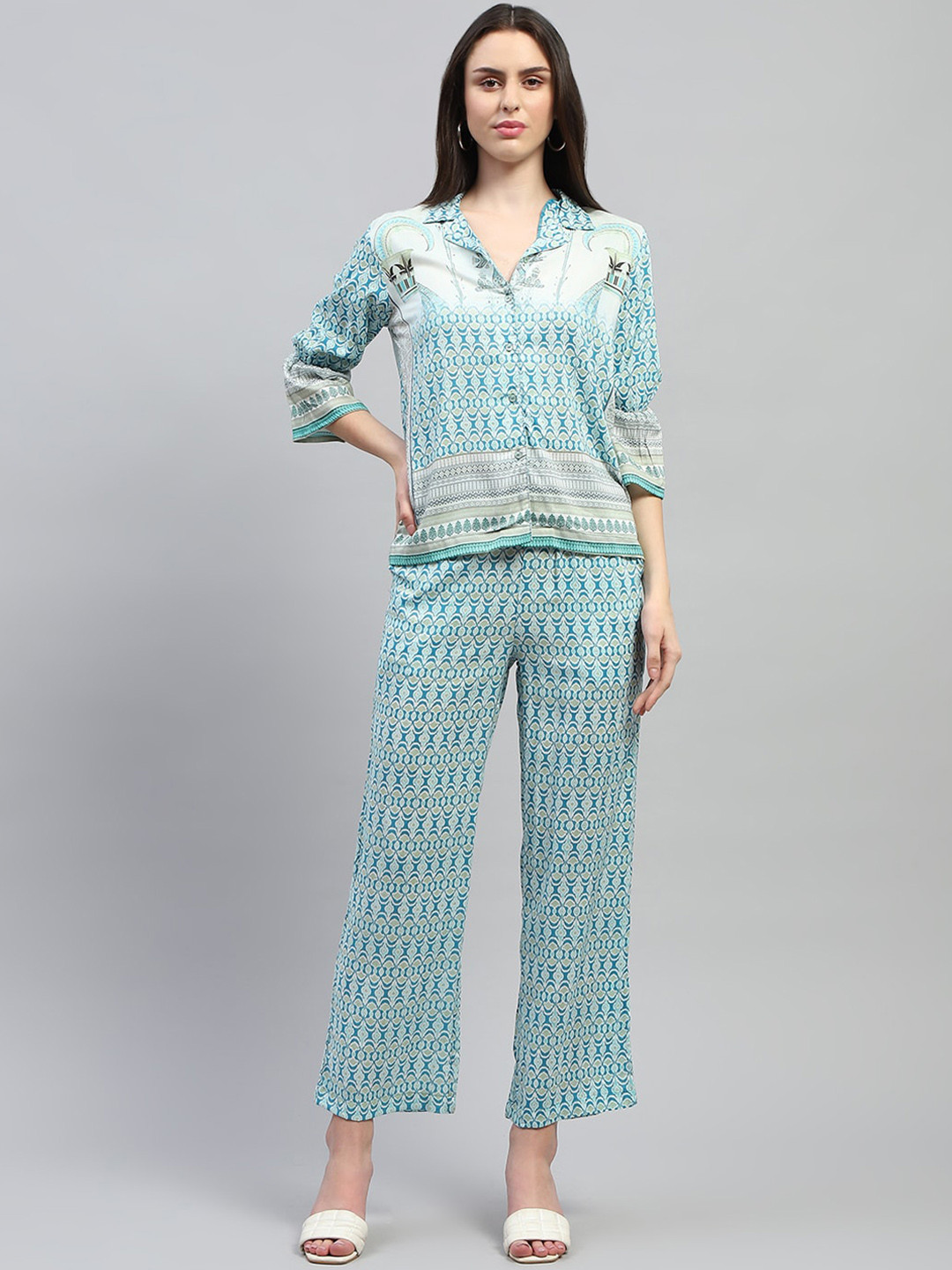 

Monte Carlo Ethnic Motifs Printed Shirt Collar Bell Sleeve Top & Trousers, Green
