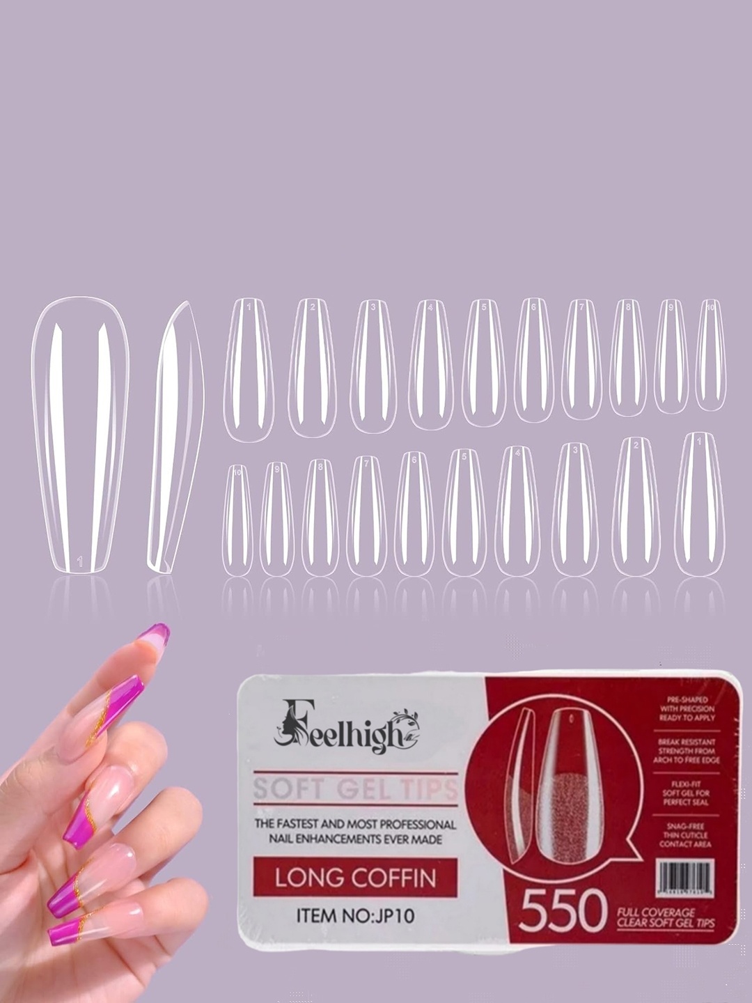 

FEELHIGH Set Of 550 Clear Full Cover Fake False Nails Tips, Multi