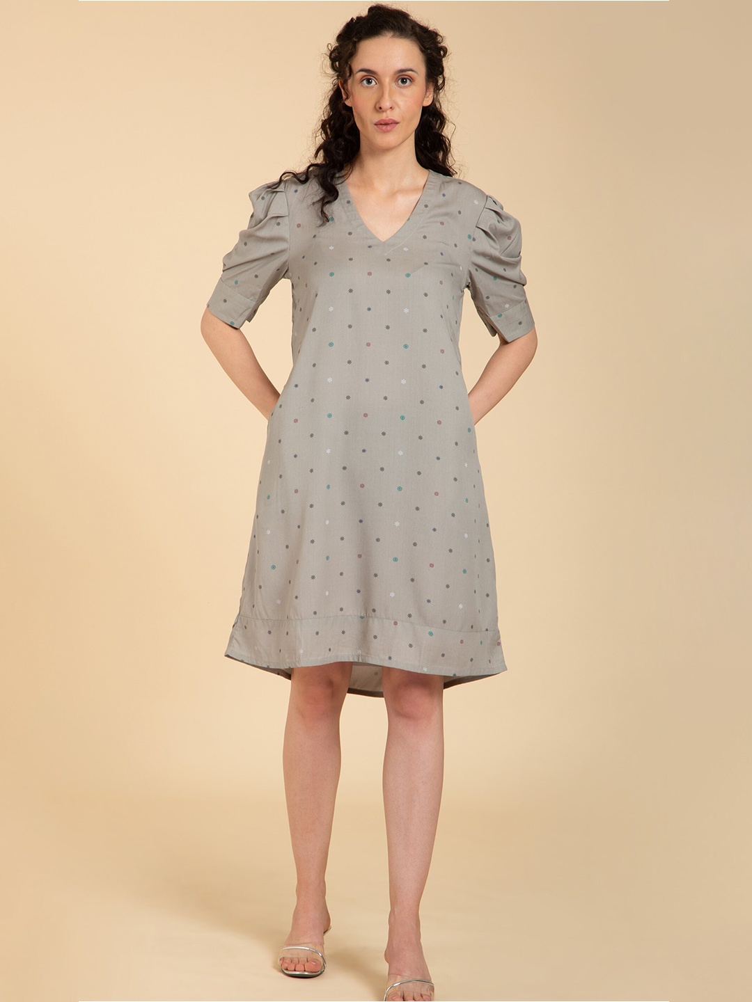 

Seryeon Conversational Print Puff Sleeve Cotton A-Line Dress, Grey