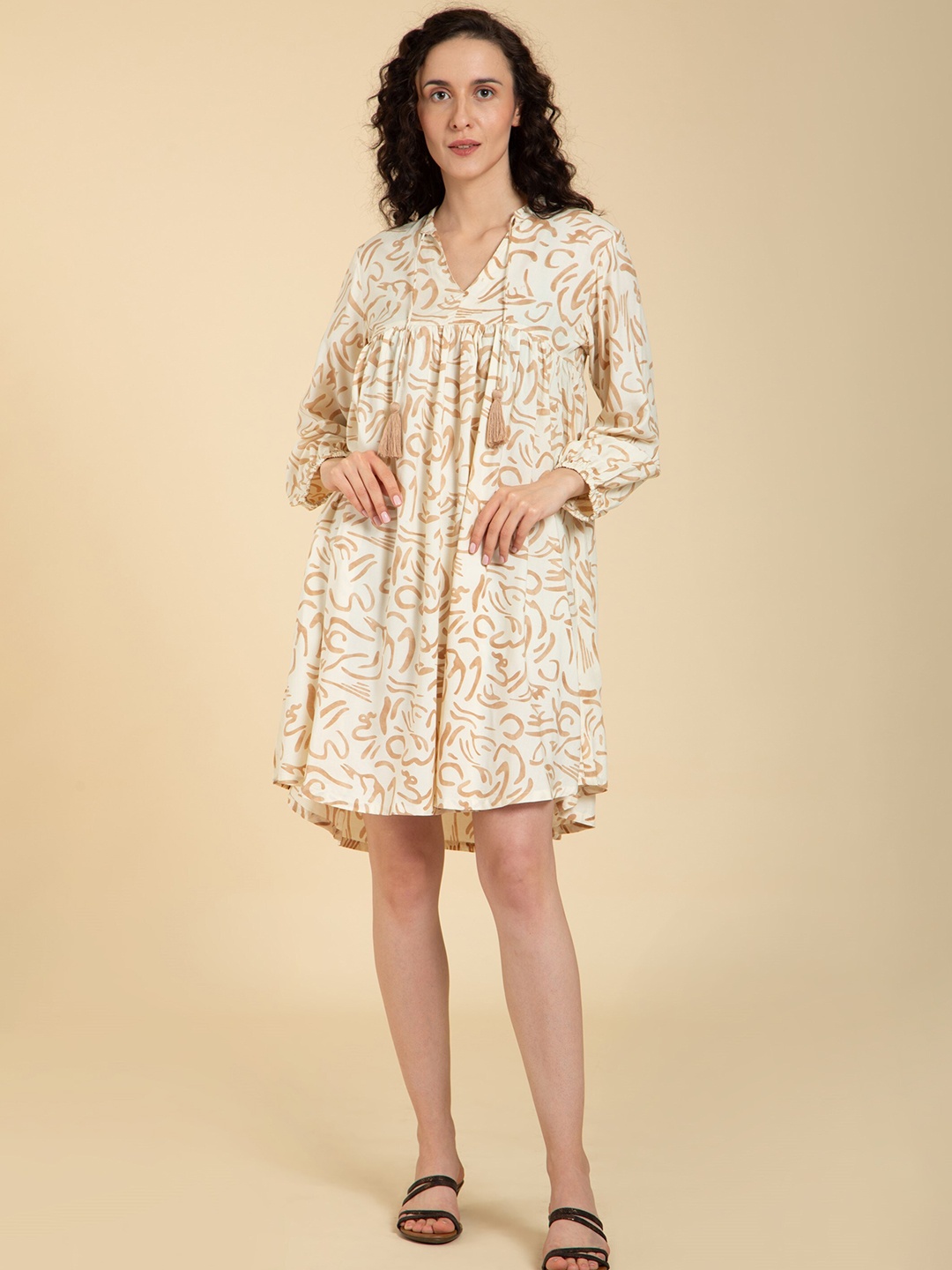 

Seryeon Abstract Print Tie-Up Neck Puff Sleeve Liva A-Line Dress, Cream