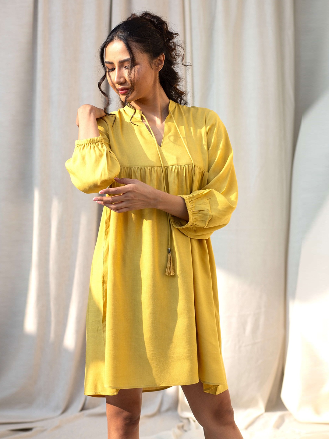 

Seryeon Tie-Up Neck Puff Sleeve Liva A-Line Dress, Mustard