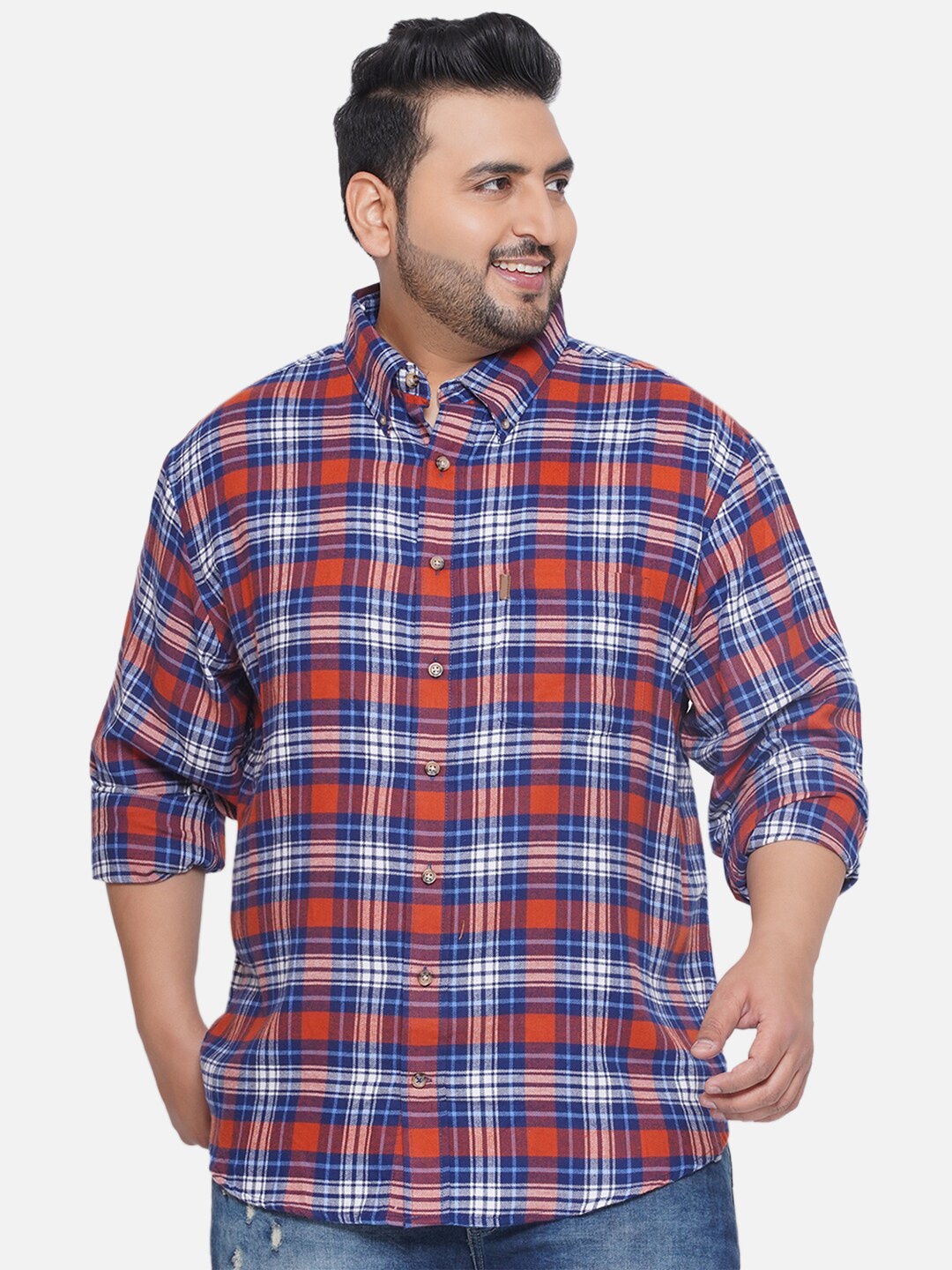 

Santonio Plus Size Classic Tartan Checked Button-Down Collar Pure Cotton Casual Shirt, Orange