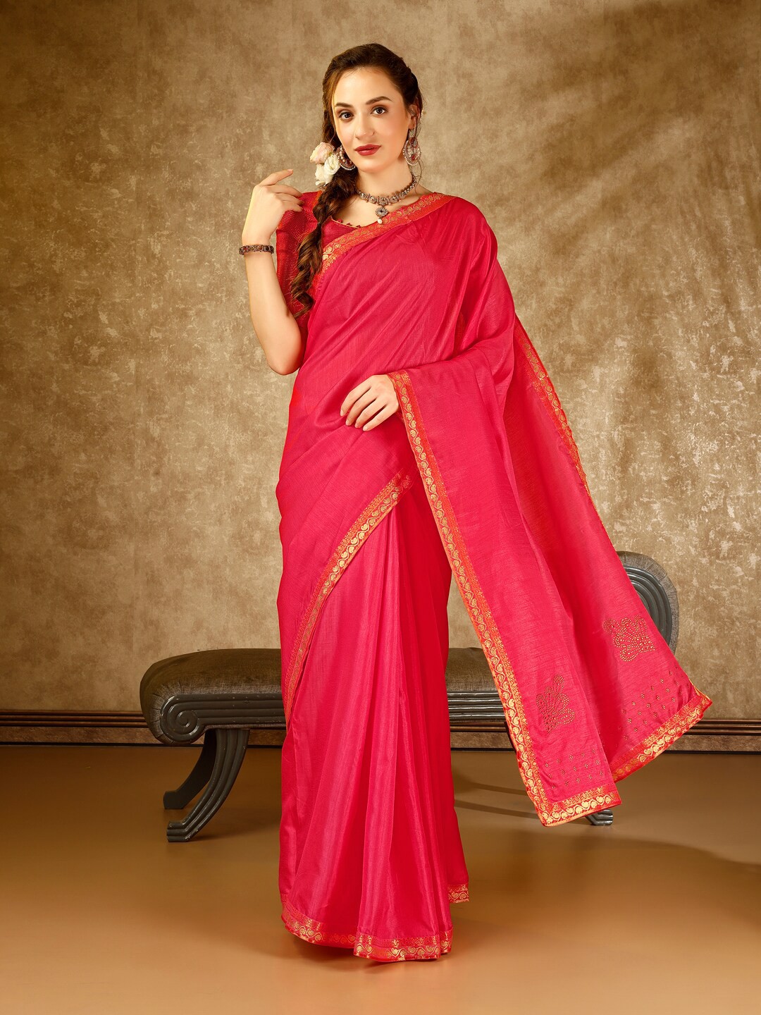 

HERE&NOW Zari Pure Chiffon Saree, Pink