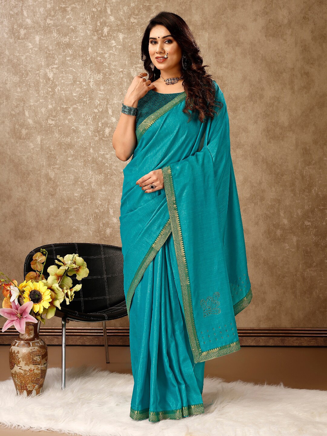 

HERE&NOW Solid Pure Chiffon Saree, Teal