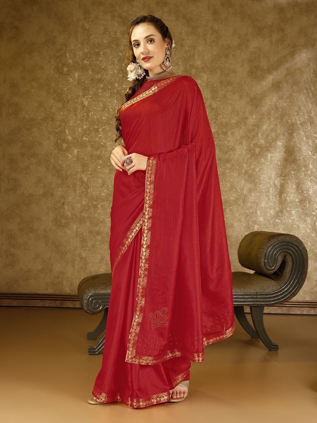 

HERE&NOW Zari Pure Chiffon Saree, Red
