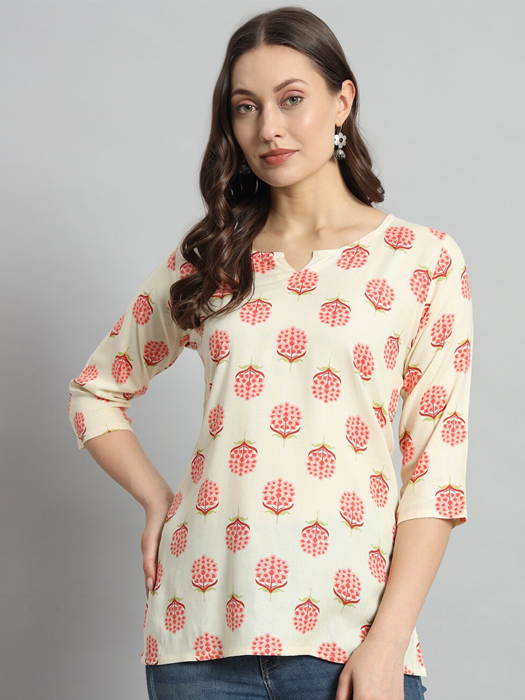 

Mialo fashion Floral Printed Round Neck Straight Kurti, Cream