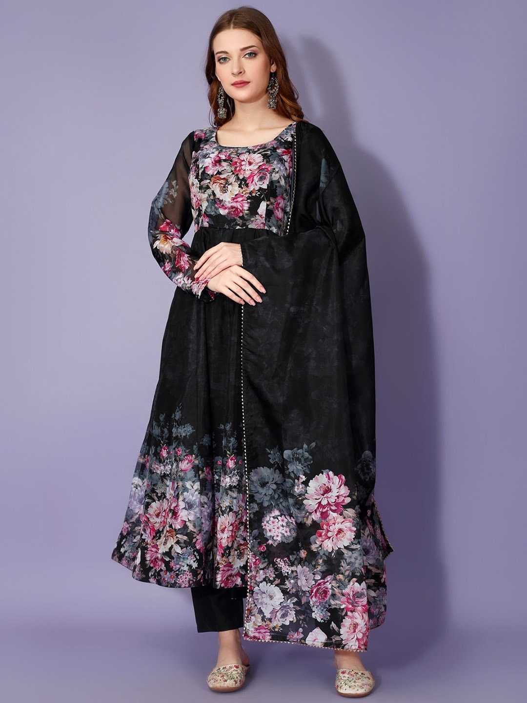 

Yara Creation Floral Printed Anarkali Kurta With Palazzos & Dupatta, Black