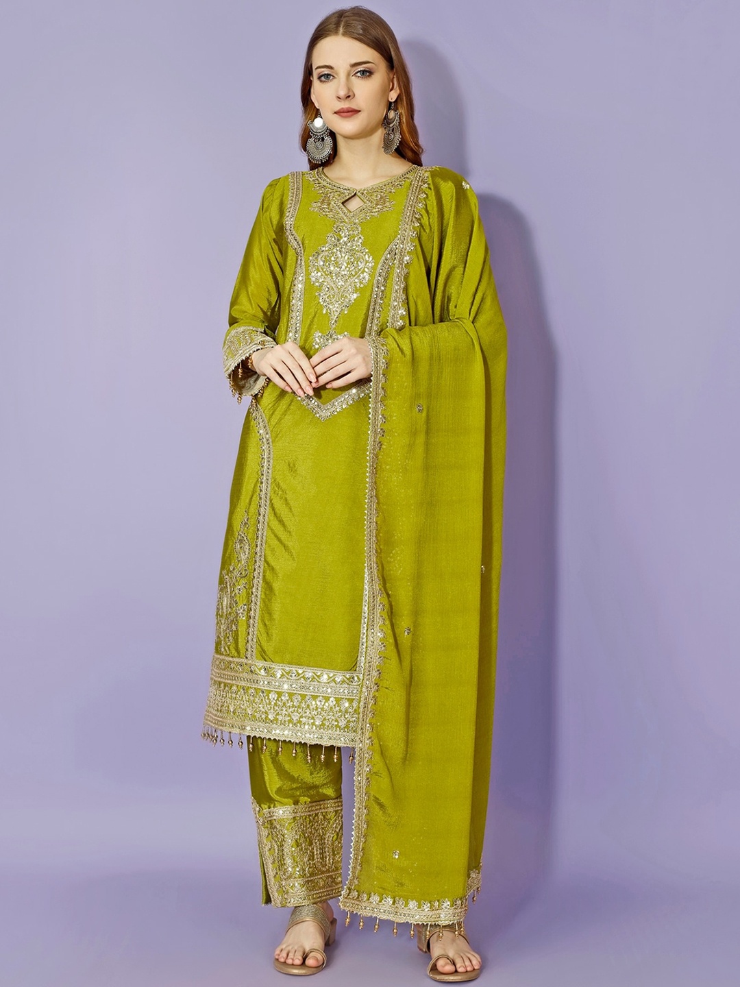 

Yara Creation Floral Embroidered Regular Sequinned Kurta With Trousers & Dupatta, Green