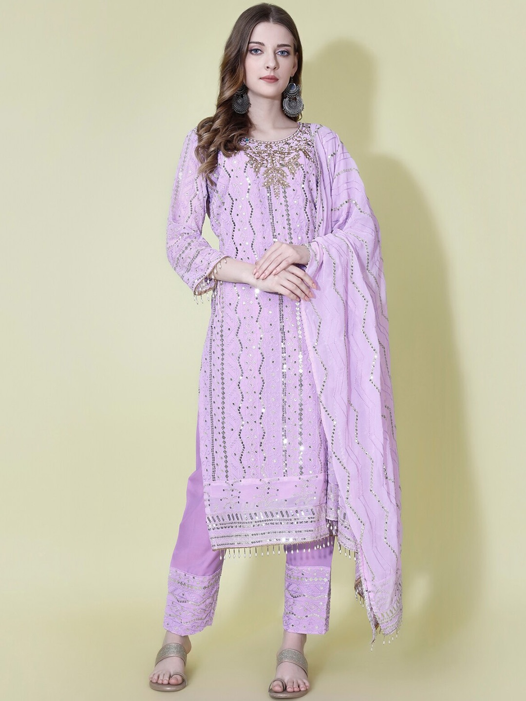

Yara Creation Floral Embroidered Sequinned GeorgetteStraight Kurta With Palazzos & Dupatta, Lavender
