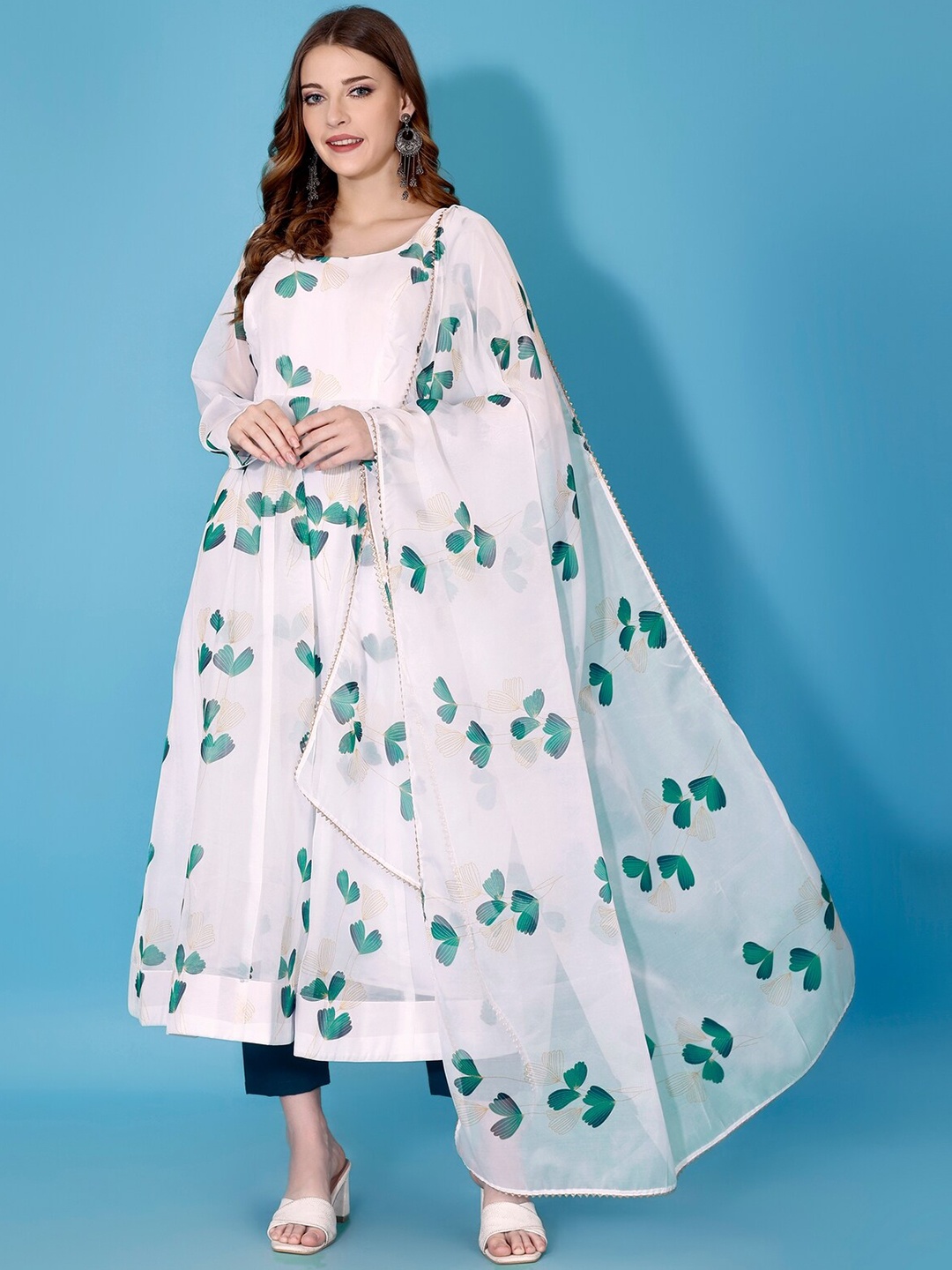 

Yara Creation Floral Printed Anarkali Kurta With Trousers & Dupatta, White
