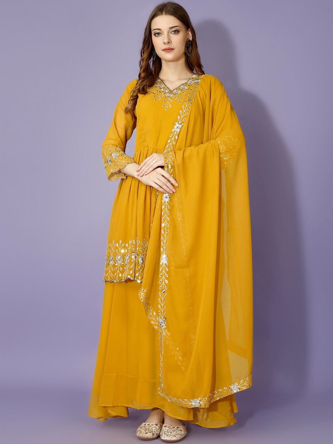 

Yara Creation Floral Embroidered Sequinned A-Line Kurta With Palazzos & Dupatta, Yellow