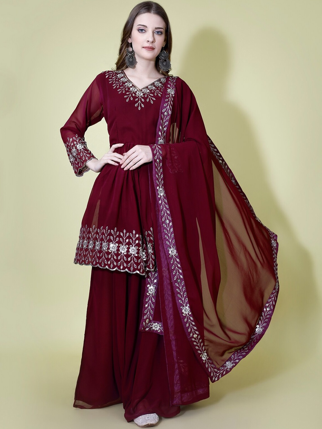 

Yara Creation Floral Embroidered Regular Sequinned Kurta With Palazzos & Dupatta, Maroon