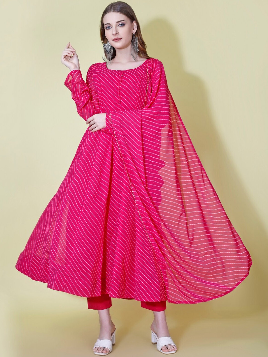 

Yara Creation Leheriya Striped Anarkali Georgette Kurta With Trousers & Dupatta, Pink