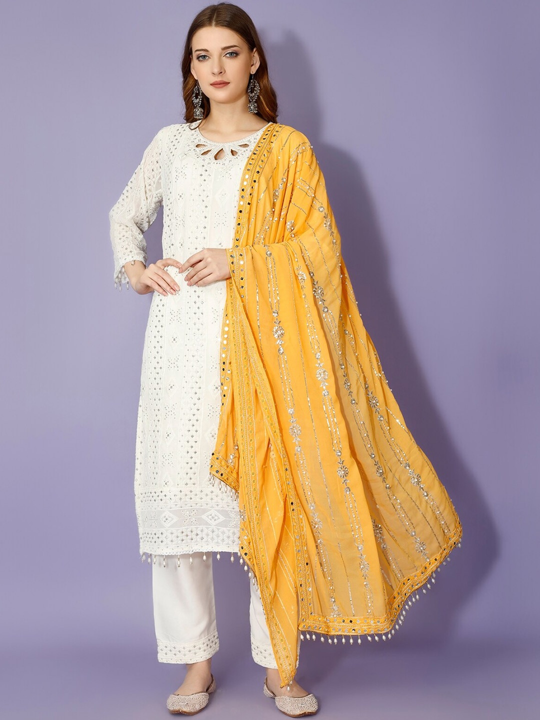 

Yara Creation Embroidered Regular Sequinned Kurta With Trousers & Dupatta, White