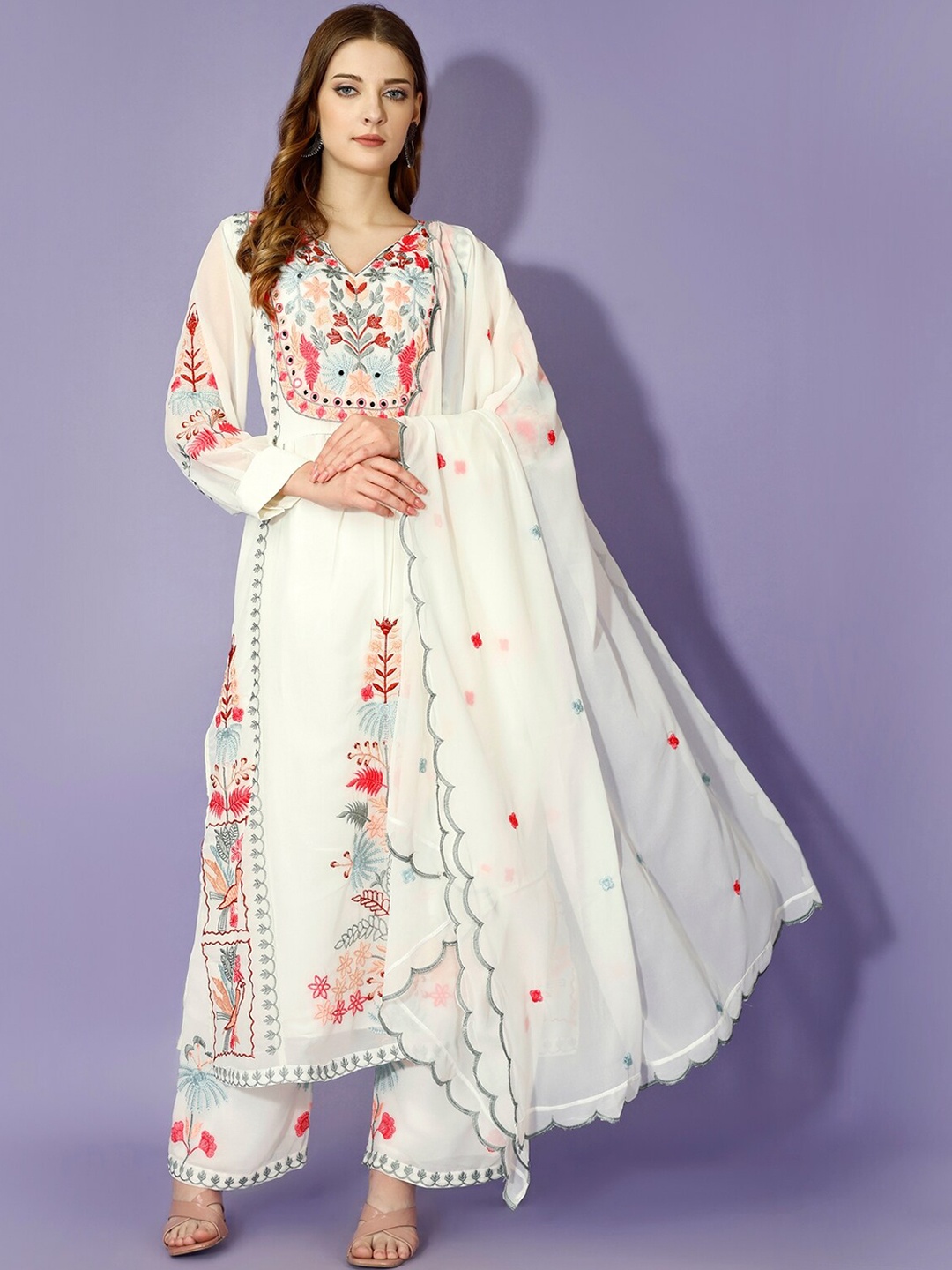 

Yara Creation Floral Embroidered Regular Thread Work Kurta With Palazzos & Dupatta, White