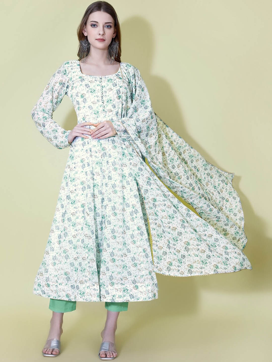 

Yara Creation Floral Printed Silk Chiffon Anarkali Kurta With Trousers & Dupatta, Blue