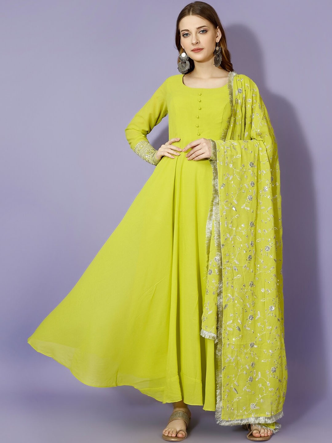 

Yara Creation Floral Embroidered Regular Pure Cotton Kurta With Palazzos & Dupatta, Green