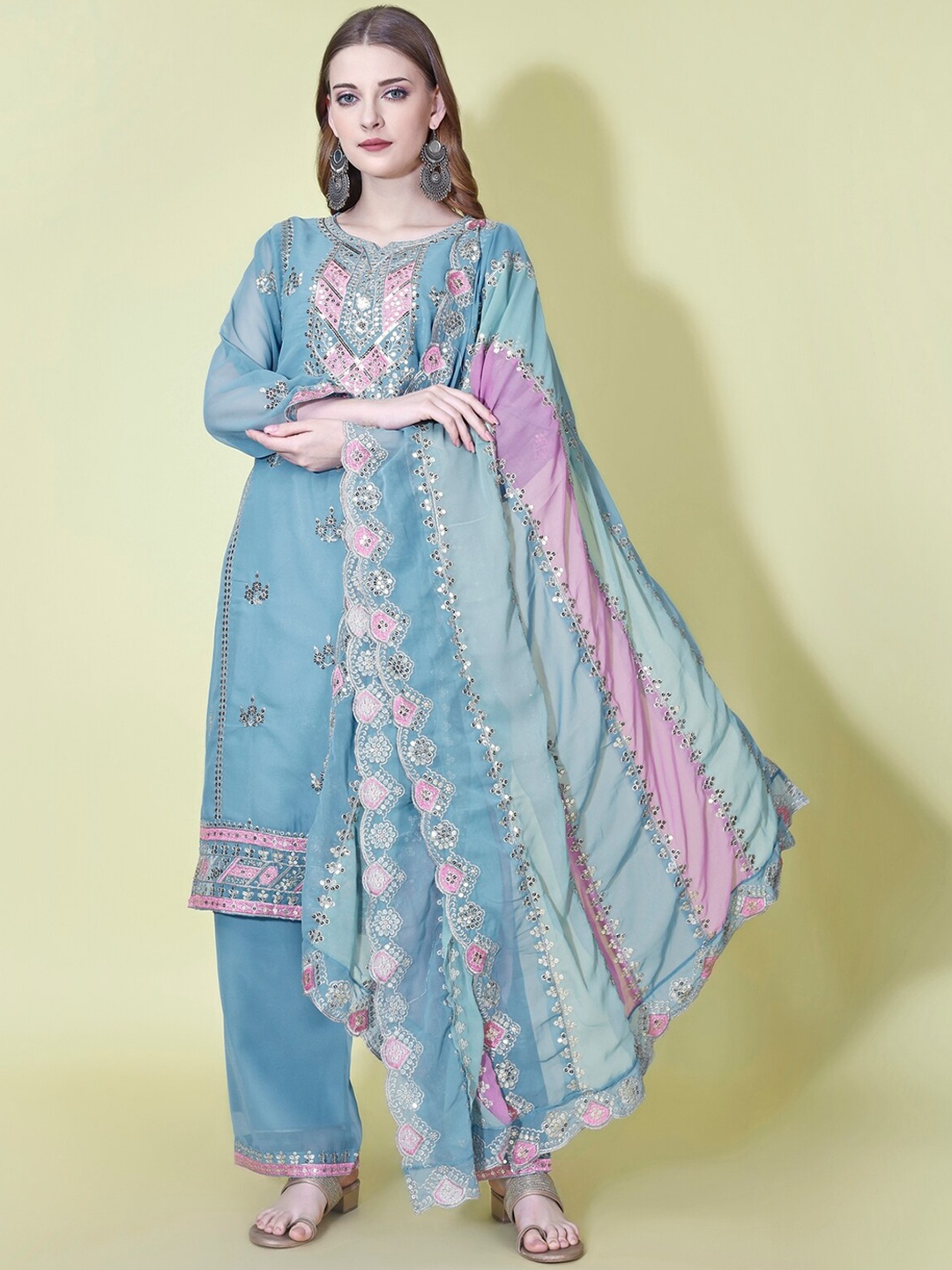 

Yara Creation Floral Embroidered Sequinned Straight Kurta With Trousers & Dupatta, Blue