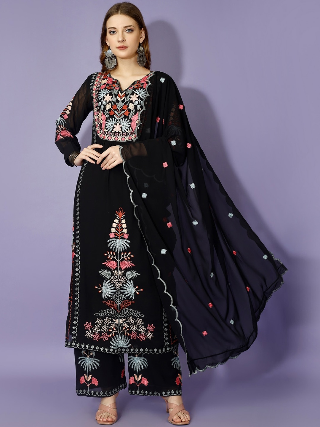 

Yara Creation Floral Embroidered Thread Work Anarkali Kurta With Palazzos & Dupatta, Black
