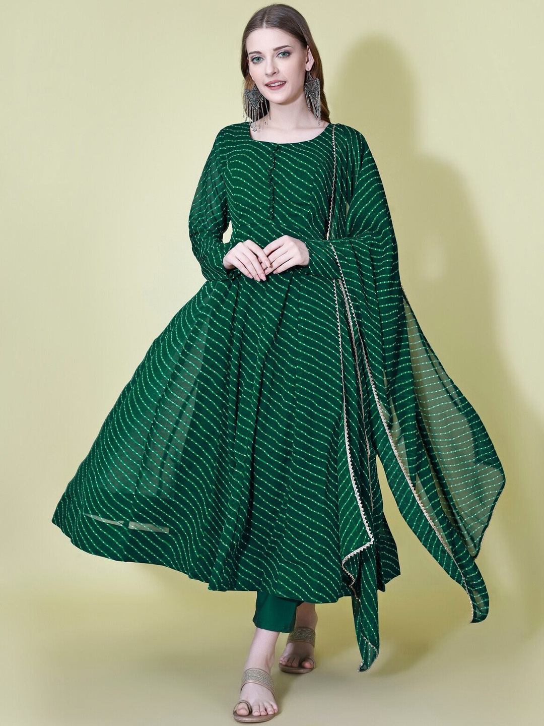 

Yara Creation Leheriya Striped Anarkali Georgette Kurta With Trousers & Dupatta, Green