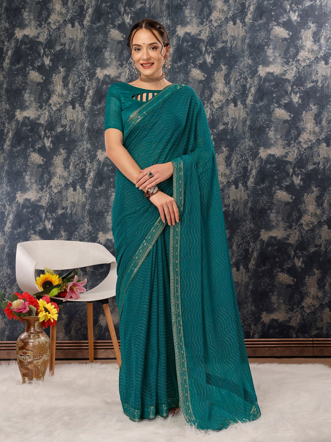

HERE&NOW Leheriya Embellished Zari Art Silk Saree, Teal