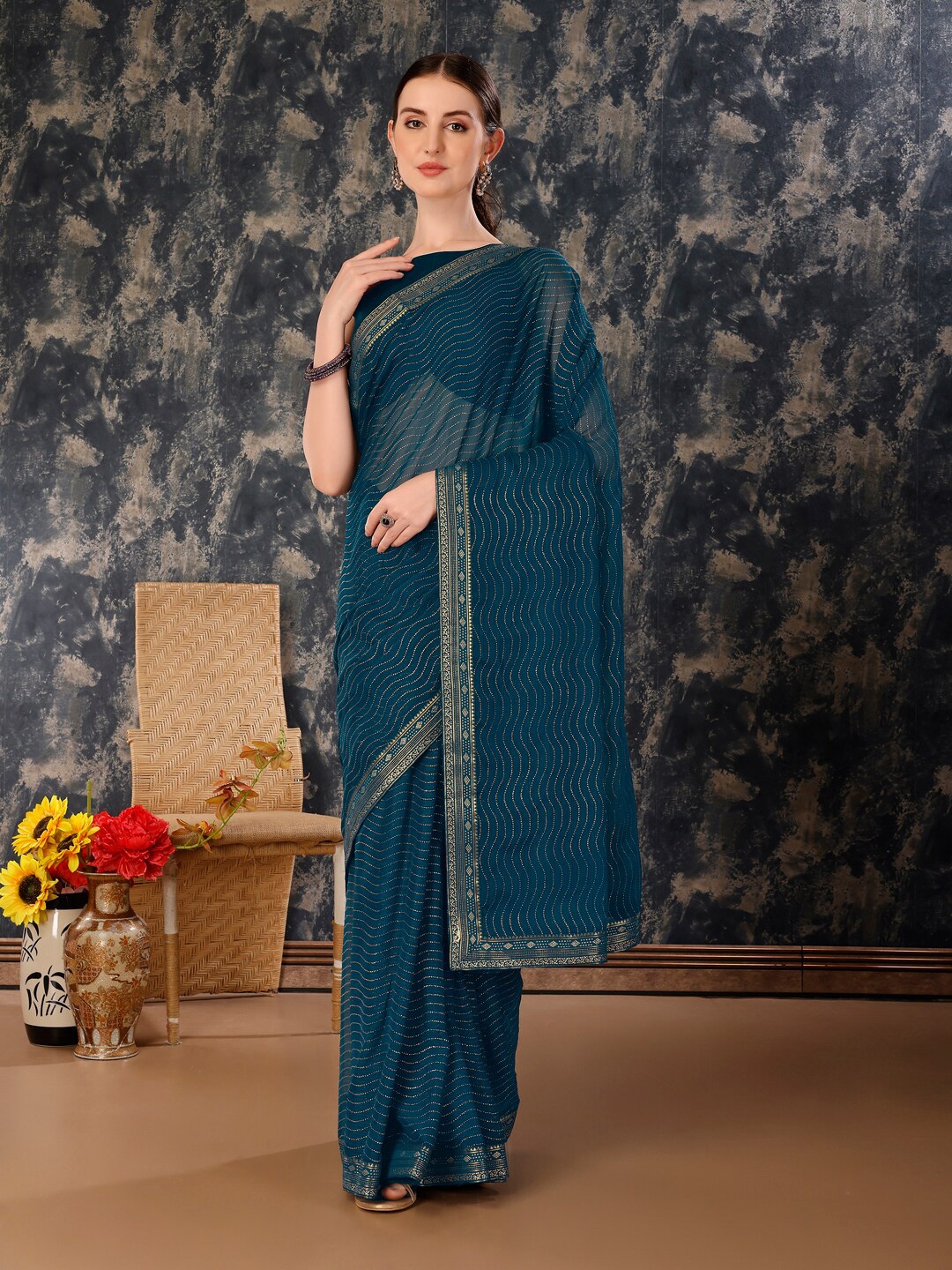 

HERE&NOW Leheriya Embellished Art Silk Saree, Blue