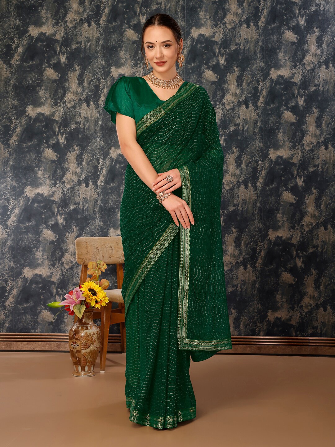 

HERE&NOW Striped Pure Chiffon Saree, Green