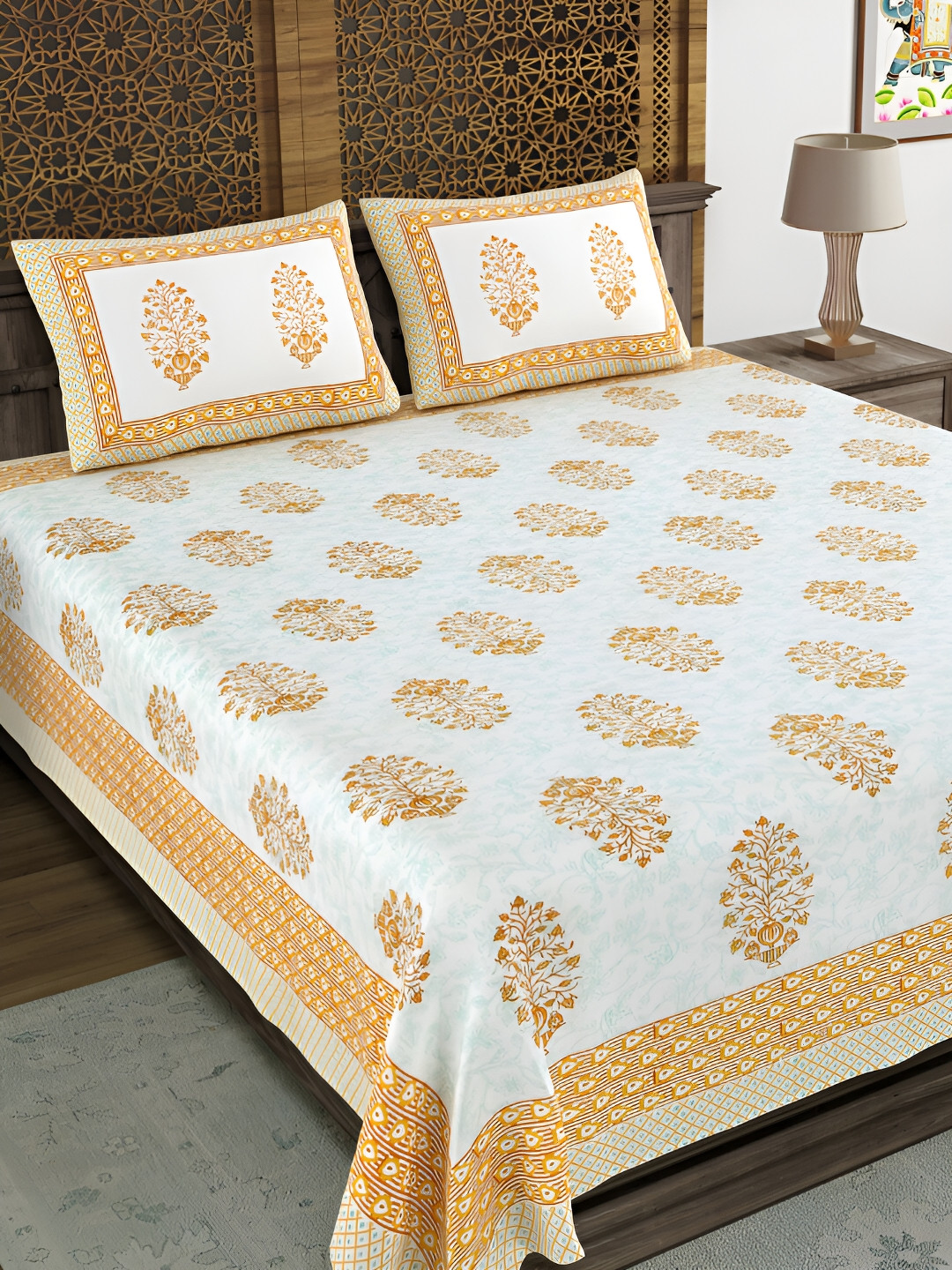 

BLOCKS OF INDIA Brown & White Floral Cotton180 TC King Bedsheet with 2 Pillow Covers