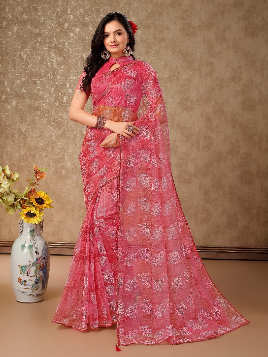 

HERE&NOW Ethnic Motifs Printed Pure Chiffon Saree, Pink