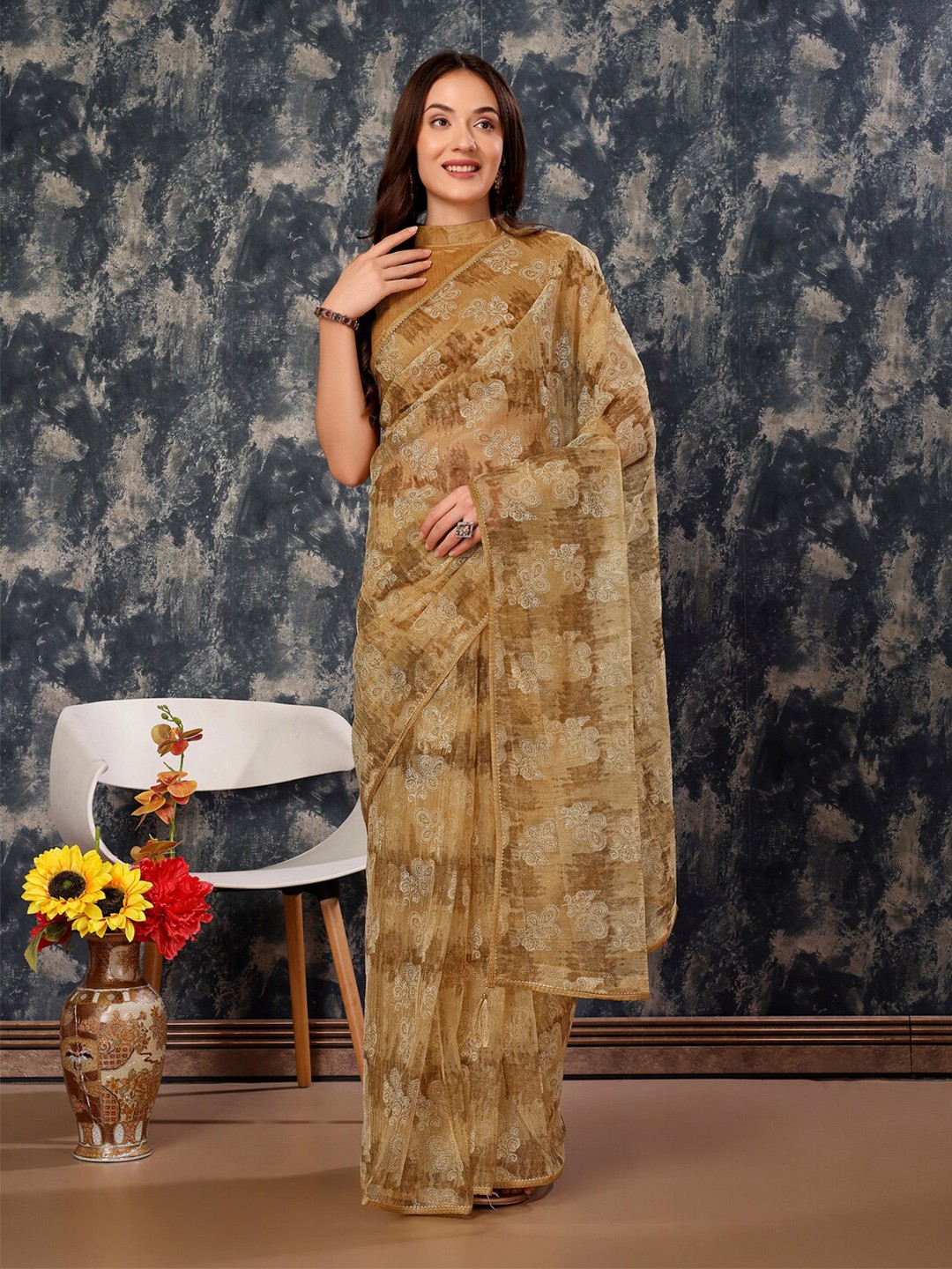 

HERE&NOW Ethnic Motifs Embroidered Pure Chiffon Saree, Brown