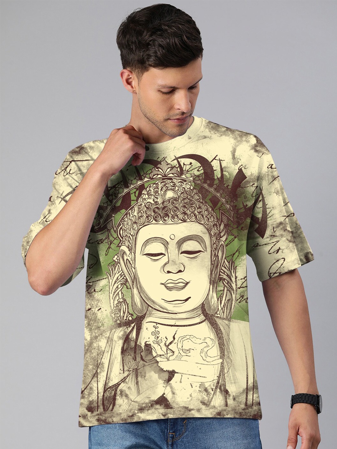 

Huetrap Graphic Printed Round Neck Cotton T-shirt, Cream