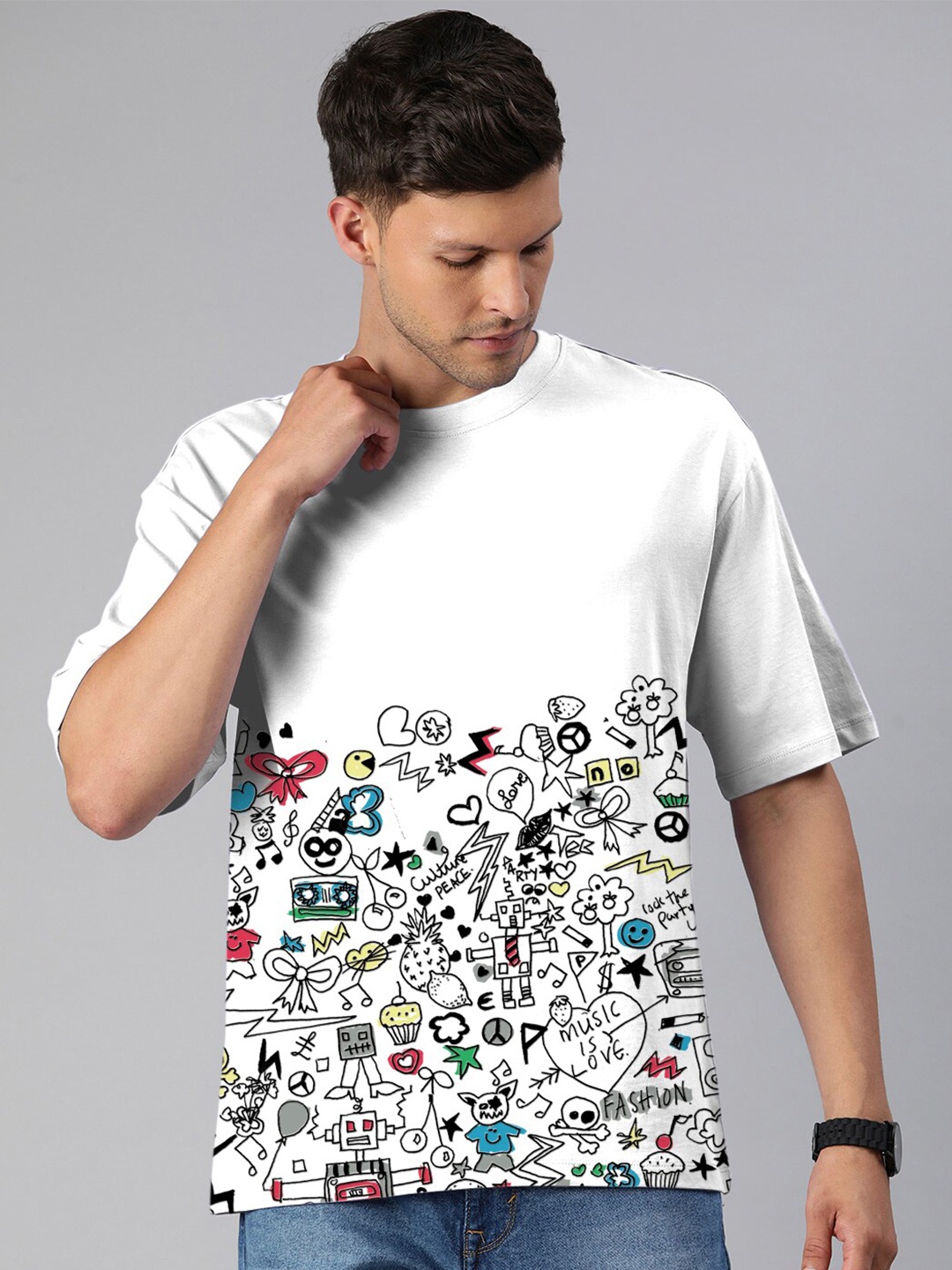 

Huetrap Graphic Printed Round Neck Cotton T-shirt, White