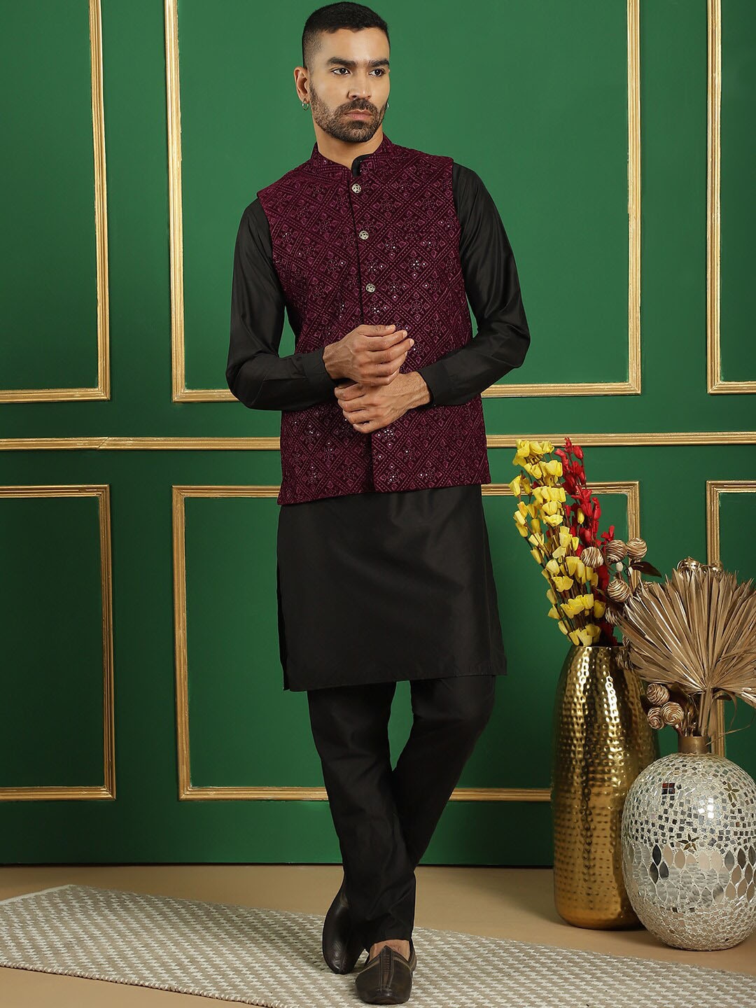 

Jompers Mandarin Collar Velvet Straight Kurta & Pyjama With Nehru Jacket, Black