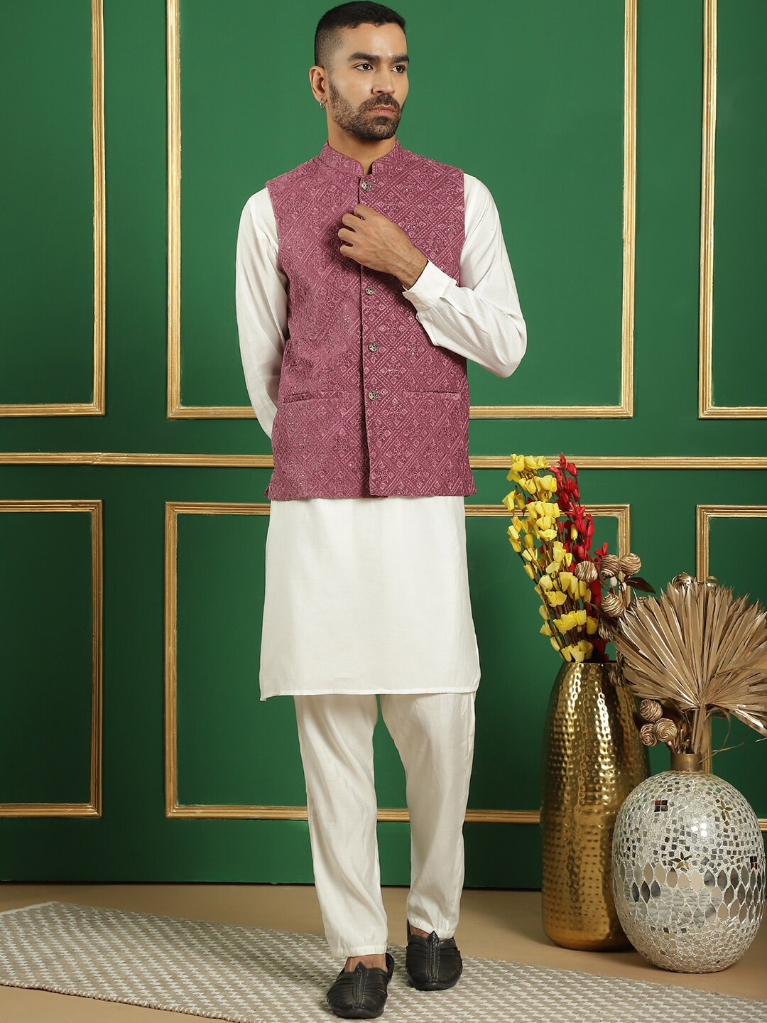 

Jompers Mandarin Collar Kurta With Churidar & Nehru Jacket, White