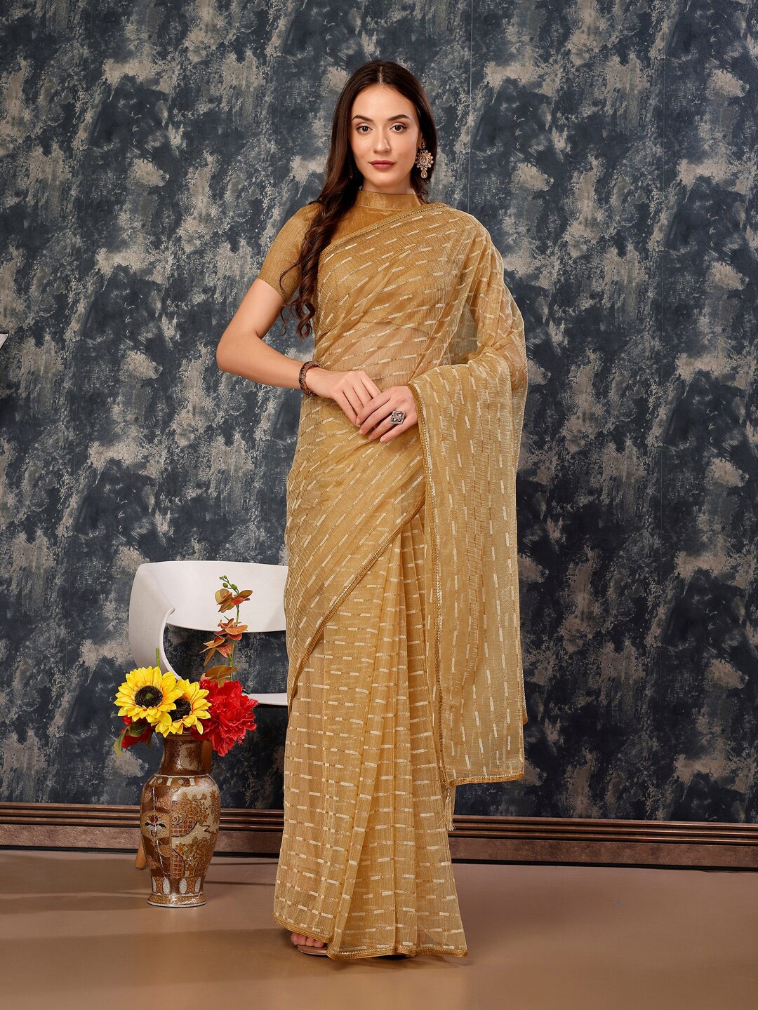

KALINI Striped Pure Chiffon Saree, Beige