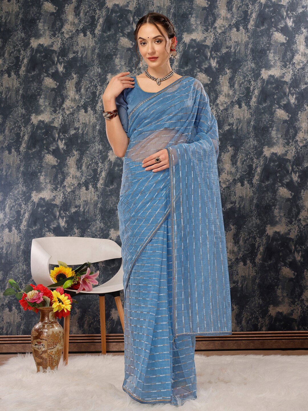 

KALINI Striped Pure Chiffon Saree, Blue