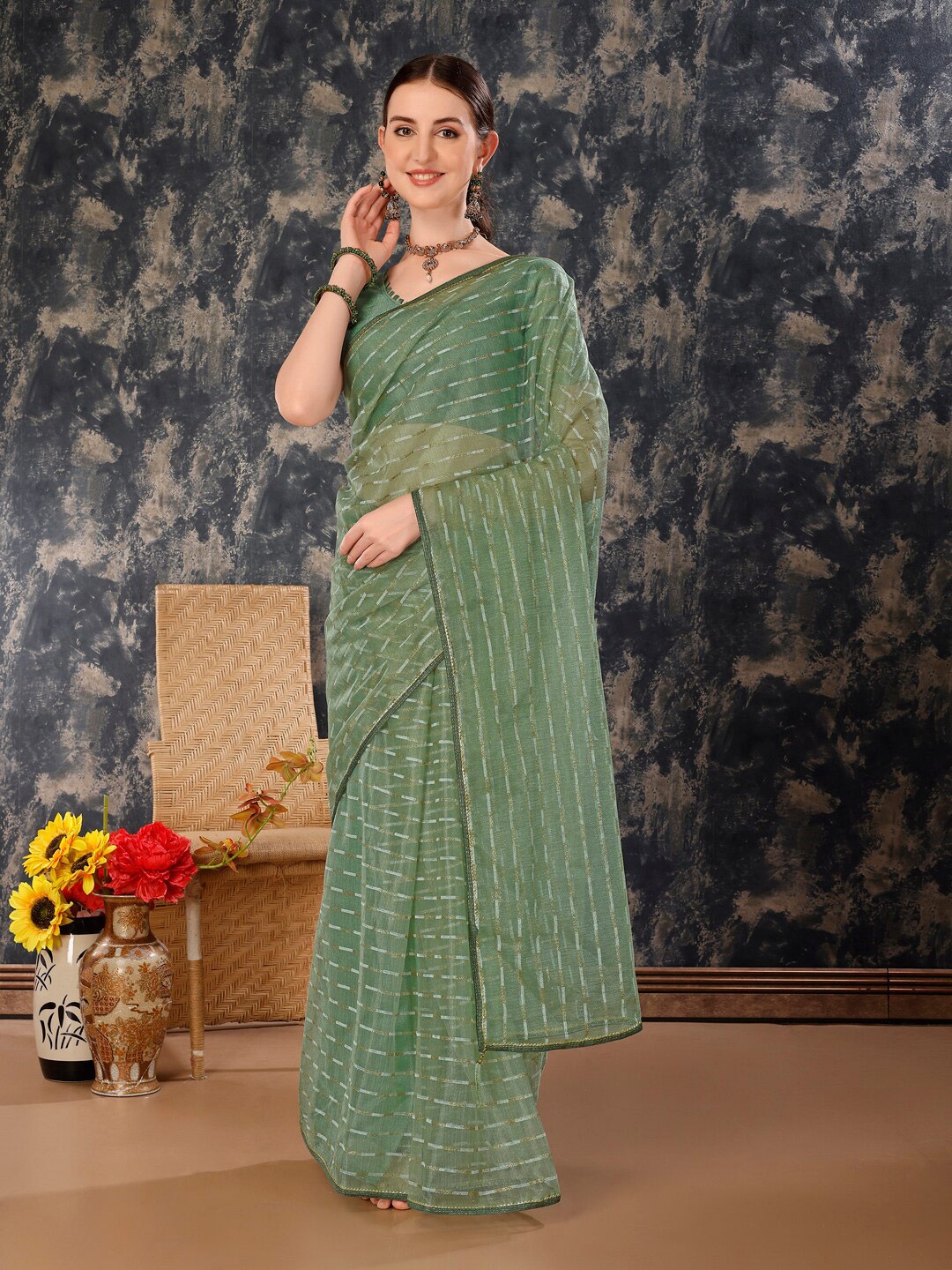 

KALINI Striped Zari Pure Chiffon Saree, Green