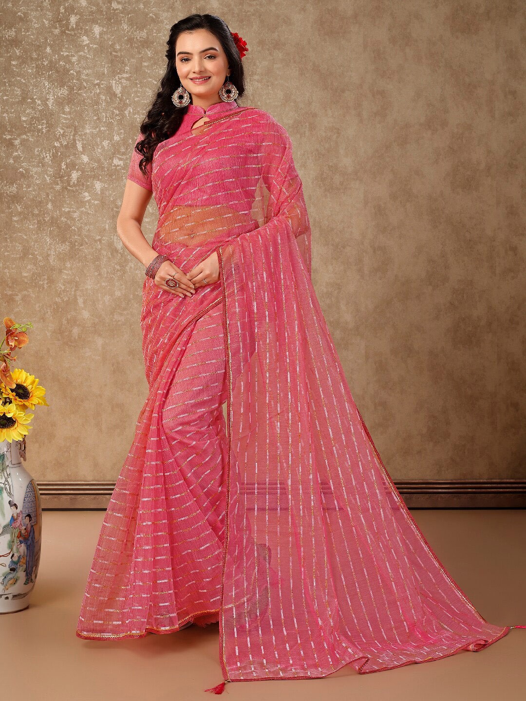 

KALINI Striped Zari Pure Chiffon Saree, Pink