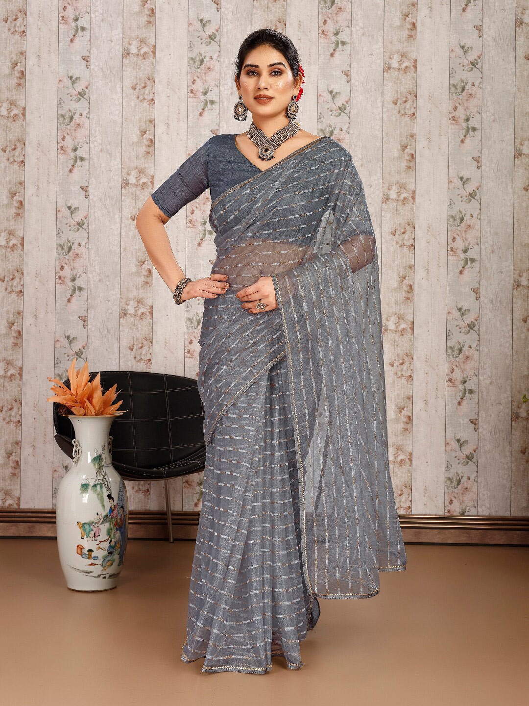 

KALINI Striped Pure Chiffon Saree, Grey