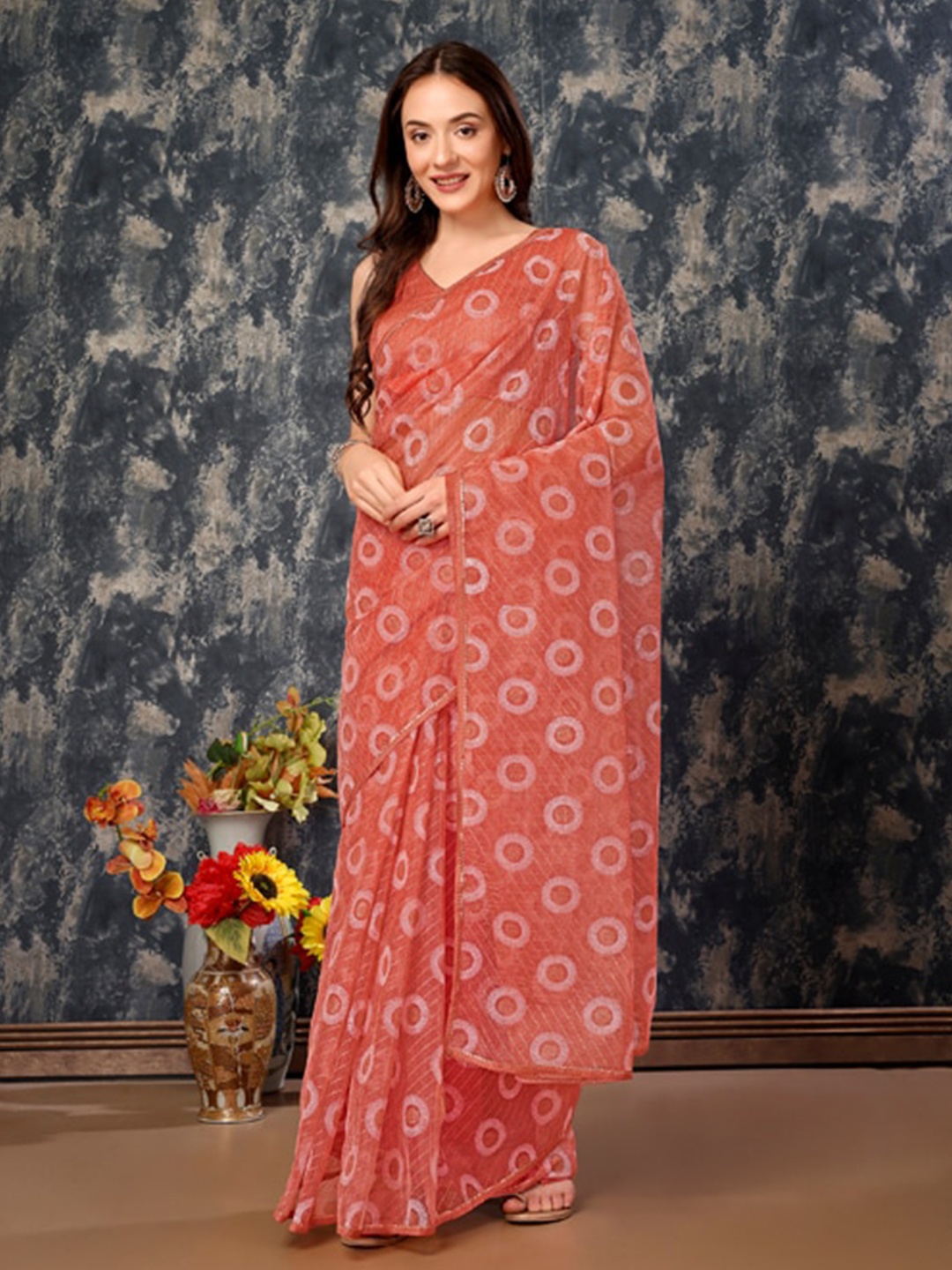 

KALINI Geometric Printed Pure Chiffon Saree, Orange