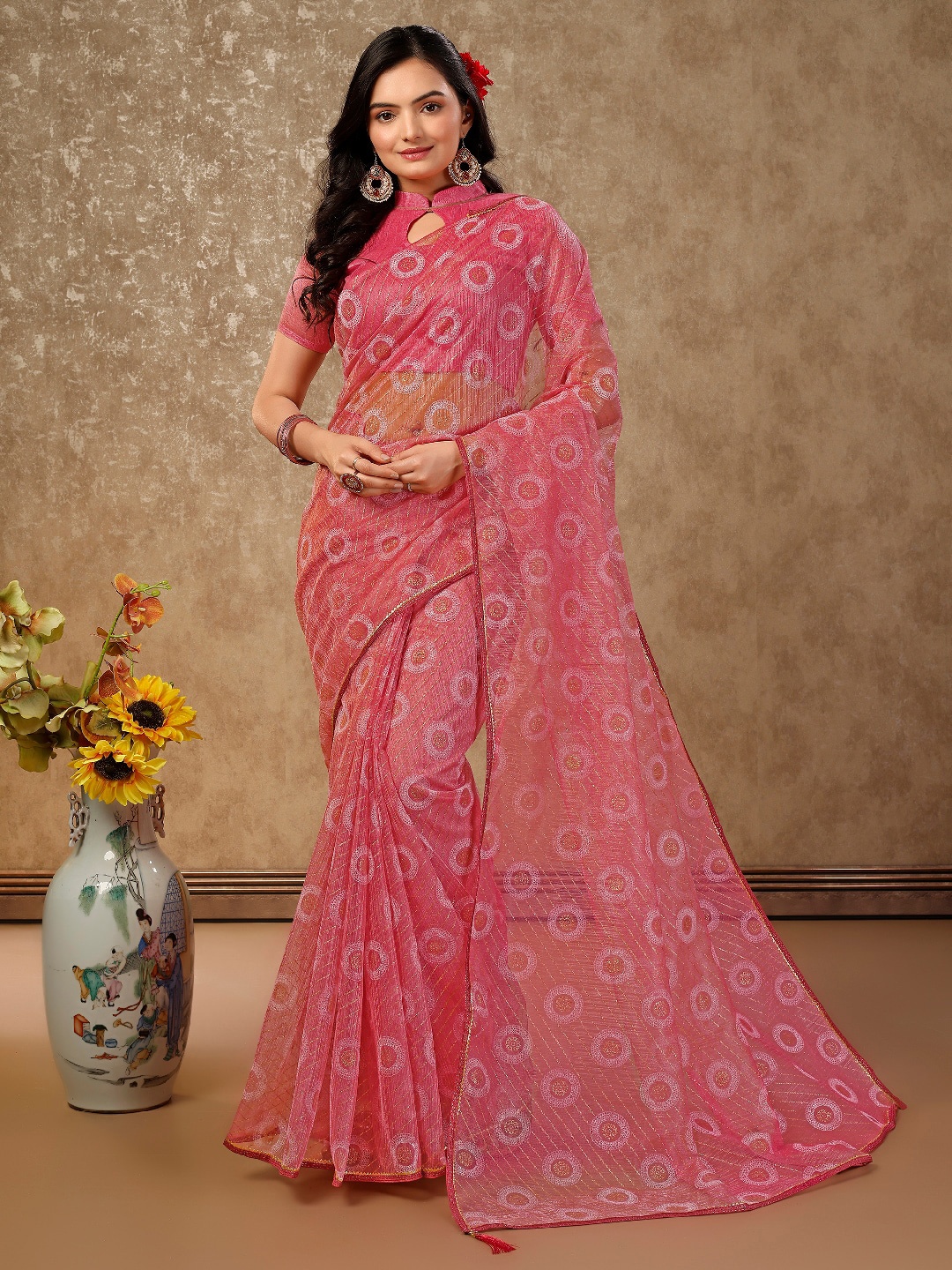 

KALINI Geometric Printed Pure Chiffon Saree, Pink