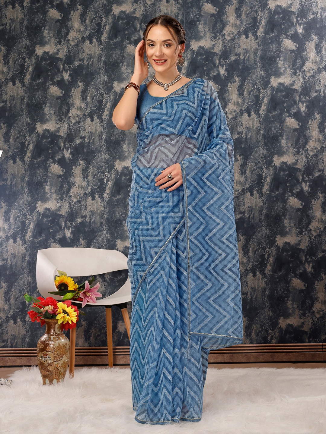 

KALINI Chevron Printed Gotta Patti Pure Chiffon Saree, Blue