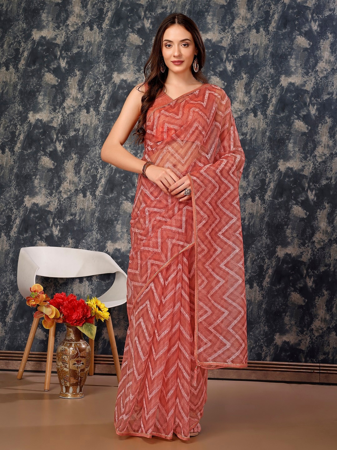 

KALINI Geometric Printed Stone Work Lace Latkan Zig Zag Jacquard Saree, Peach