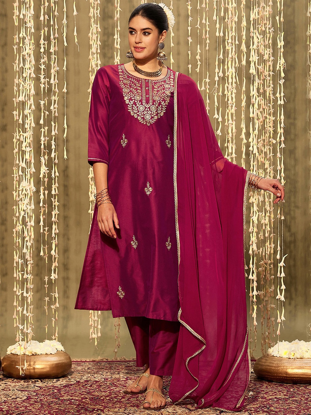 

Indo Era Magenta Ethnic Motifs Embroidered Straight Kurta & Trouser With Dupatta
