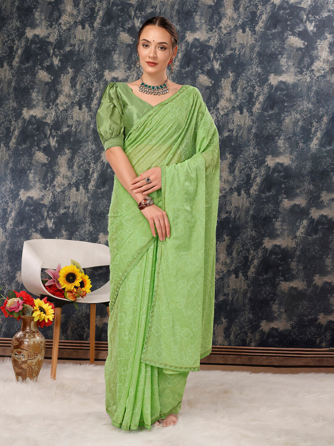 

KALINI Geometric Printed Jacquard Pure Chiffon Designer Saree, Green