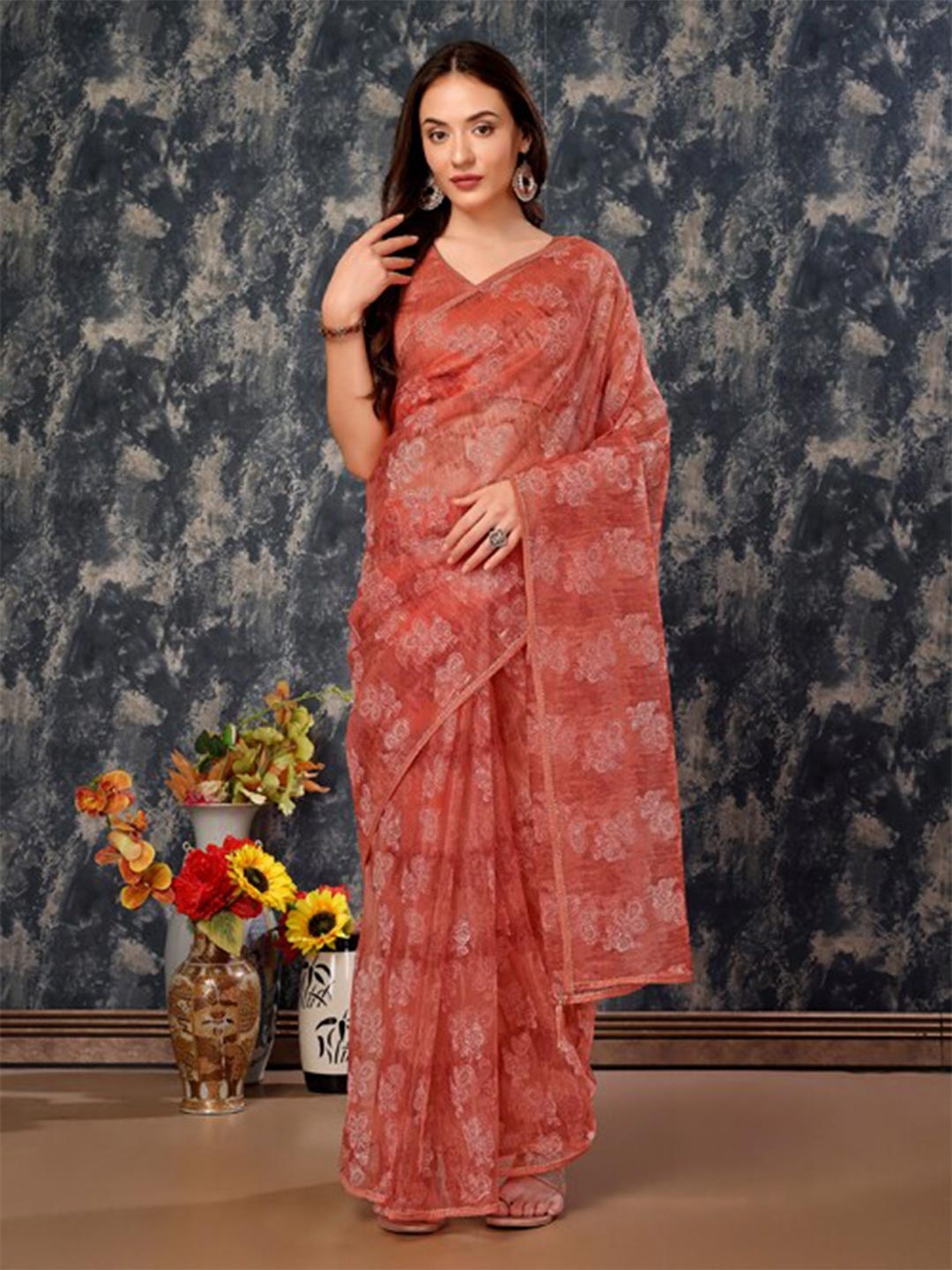 

KALINI Flower Printed Zari Work Print Lace Latkan Jacquard Saree, Peach