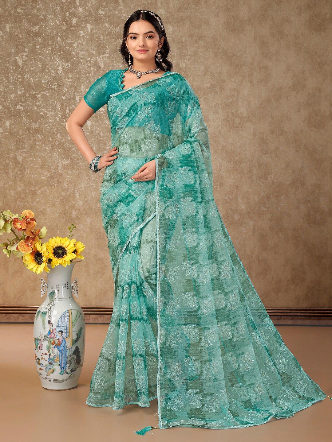 

KALINI Floral Printed Zari Pure Chiffon Saree, Turquoise blue