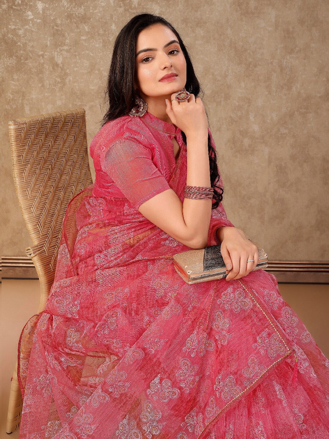 

KALINI Ethnic Motifs Printed Pure Chiffon Saree, Pink