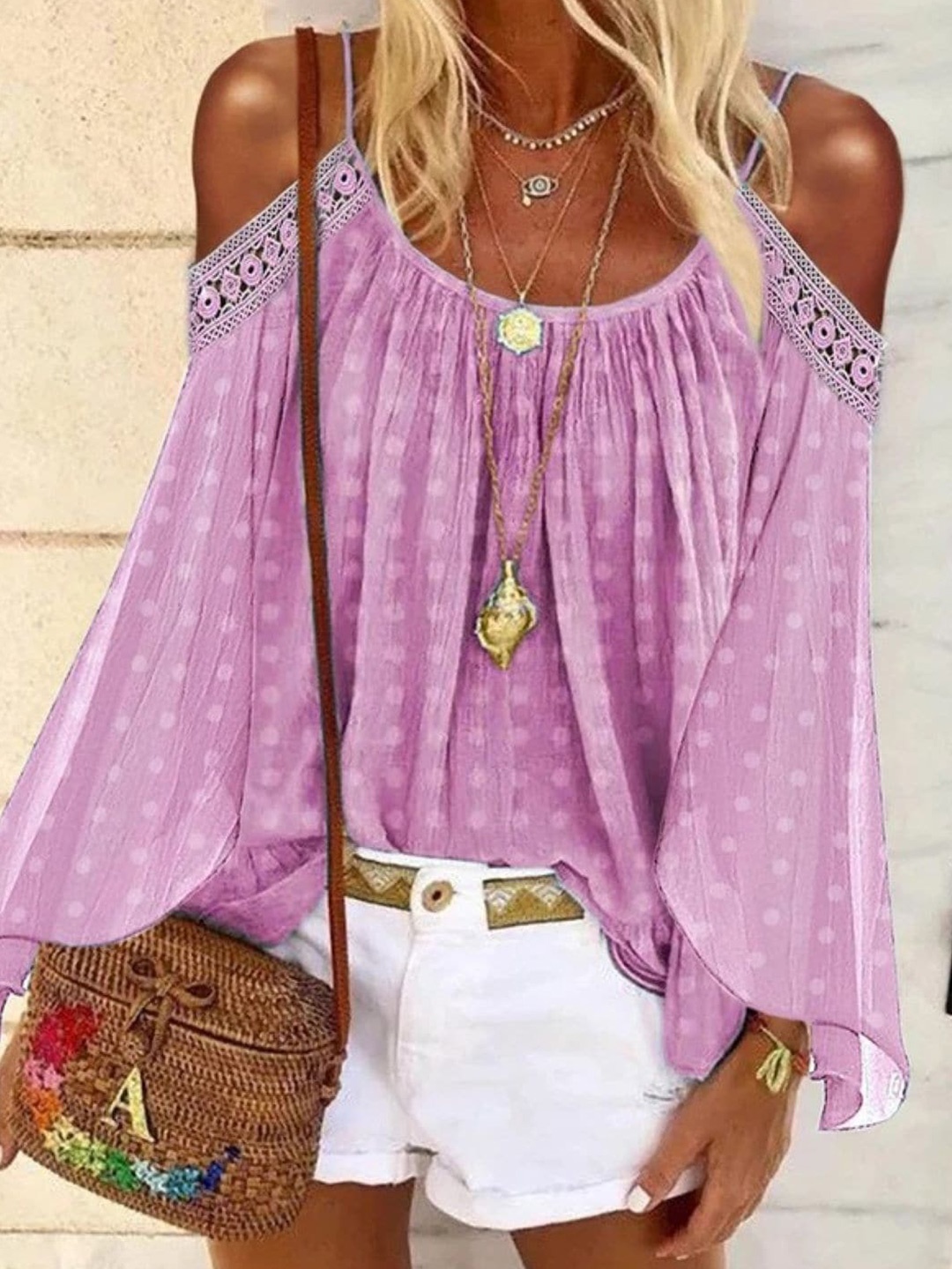 

StyleCast Pink & White Polka Dot Printed Cold Shoulder Top