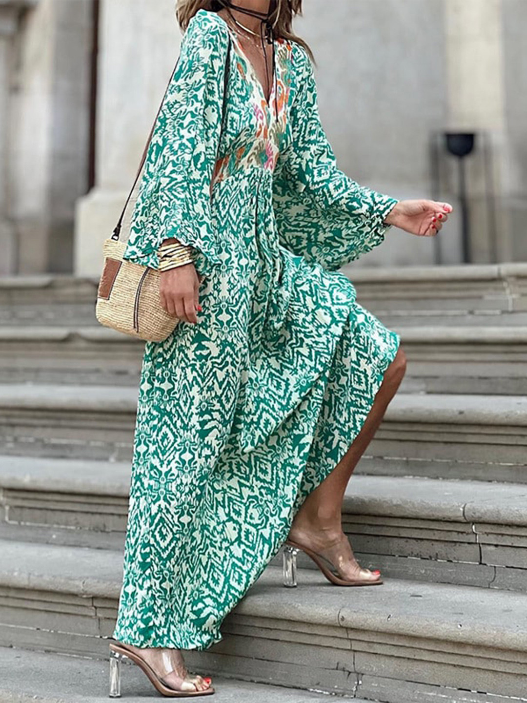 

StyleCast Green Geometric Printed V-Neck Bell Sleeves Maxi Dress